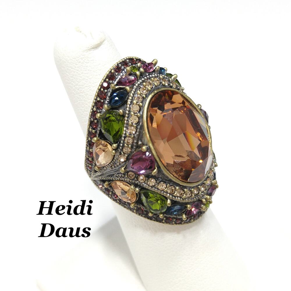Heidi Daus Statement Ring, Size 6, Light Topaz & Multicolor Rhinestones, 1990s